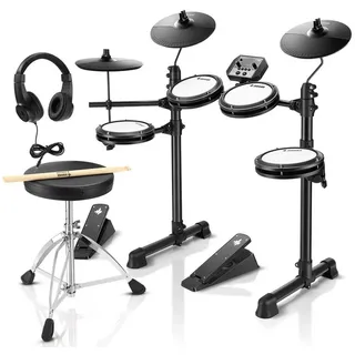 Donner E-Drum Elektronisches Schlagzeug mit 4 leisen Mesh-Pads DED-80,Ein komplettes E-Drum-Set, Kopfhörer/Sticks/Drumthron, 2 Pedale für leises Üben für Anfänger schwarz
