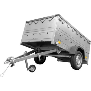Pkw Anhänger kippbar 750 kg GARDEN TRAILER 201 KIPP mit zusätzlichen Bordwänden, Stützrad und grauer Flachplane