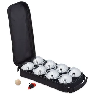 Relaxdays Boule Kugeln, Set mit Zielkugel & Abstandsmesser, Tragetasche, Boccia Spiel, Silber/schwarz, 8
