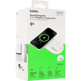 Belkin BoostCharge Pro kabellose 2-in-1-Ladestation mit Qi2, 15W, Schnellladegerät, Wireless Charger für iPhone 17, Air, 16, Pixelsnap, AirPods und MagSafe-fähigen Geräten – Weiß