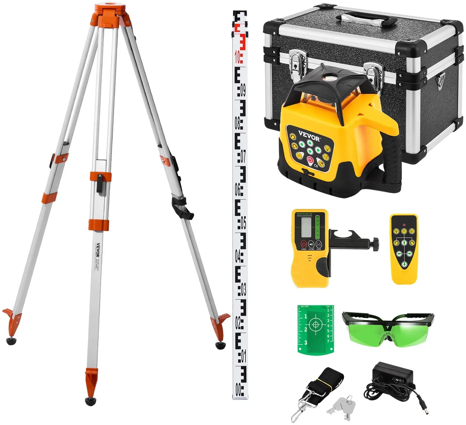 VEVOR Rotationslaser-Nivellierset mit Stativ & Messlatte, Grünem Laserstrahl, 500 m Reichweite, einstellbarer Neigung, 360° Drehbar, Flexiblem Scanwinkel, inkl. Fernbedienung & Tragetasche