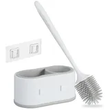 Relaxdays Toilettenbürste mit Wandhalterung, schnelltrocknend, WC-Bürste, Behälter, ohne Bohren, Kunststoff, weiß-grau