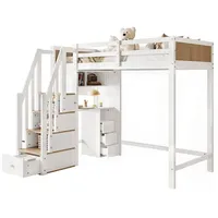 SOFTWEARY Hochbett mit Schreibtisch und Aufbewahrung (90x200 cm) Kinderbett mit Rausfallschutz, Kiefer
