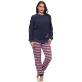 RELAX by Normann Damen Frottee Pyjama mit Bündchen - Hose gestreift, Oberteil mit Herz Motiv - 291 13 901, Farbe:Marine, Größe:48/50 - 48-50