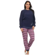 RELAX by Normann Damen Frottee Pyjama mit Bündchen - Hose gestreift, Oberteil mit Herz Motiv - 291 13 901, Farbe:Marine, Größe:48/50 - 48-50