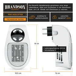 Brandson Steckdosen Heizlüfter, 500W Mini Heizung mit Temperaturregelung & Fernbedienung, Überhitzungsschutz, Automatische Abschaltung, Weiß