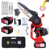 OUTIGO Akku-Kettensäge 8 Zoll Elektro-Kettensäge 800W Bürstenloser Handkettensäge, 22 cm Schwertlänge, 2*4 AH akkus, 3 Führungsstange+4 Sägekette, 800W, 3 Führungsstange, 4 Sägekette, Bürstenlosen Motor rot