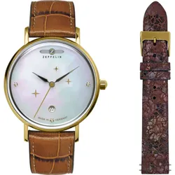 Zeppelin Damenuhr Luna 71315 - Weißes Perlmutt-Ziffernblatt mit 3 Swarovski-Kristallen und 3 goldenen Sternchen,braun - 36mm