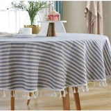 Runde Tischdecke Abwaschbar Baumwolle Leinen Tischtuch, Treer Staubdicht Pflegeleicht Tischdecken mit Streifen Quaste Nordischen Stil für Home Küche Party Tischdekoration (Blau,Durchmesser 150cm)