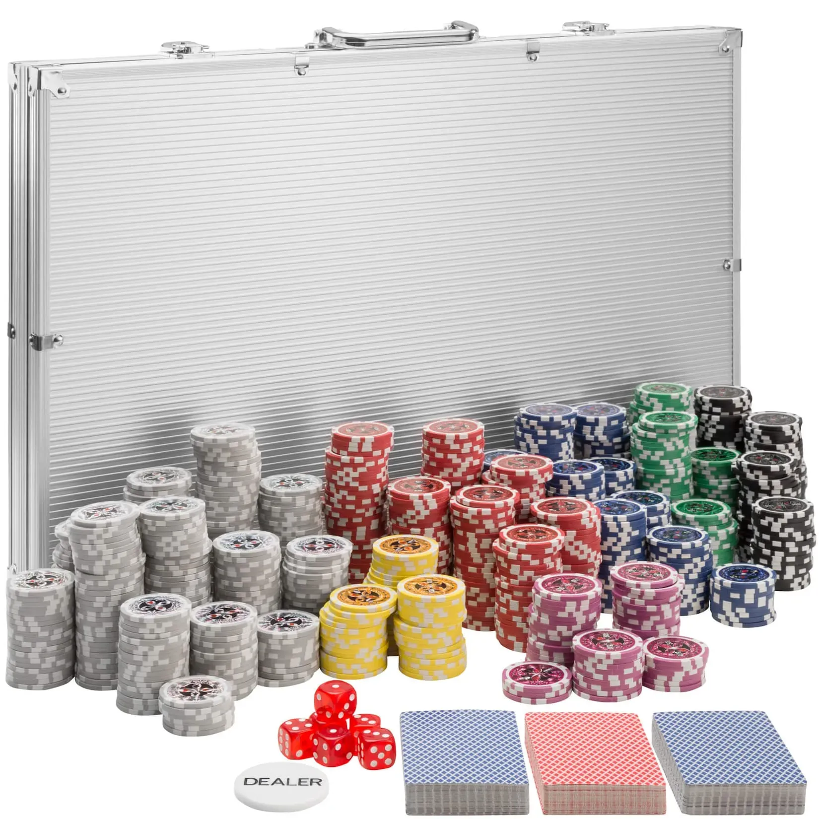 tectake® Pokerset, 1000 farbige Chips, 5 Würfel, inklusive verschließbarer Aluminiumkoffer