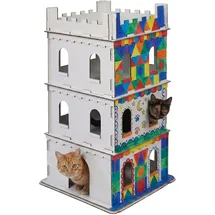 Relaxdays Katzenburg, 3 Etagen, Katzenschloss, Papphaus zum Bemalen, Stecksystem, HBT: 107,5x62x62 cm, Pappe, weiß