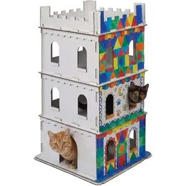 Relaxdays Katzenburg, 3 Etagen, Katzenschloss, Papphaus zum Bemalen, Stecksystem, HBT: 107,5x62x62 cm, Pappe, weiß