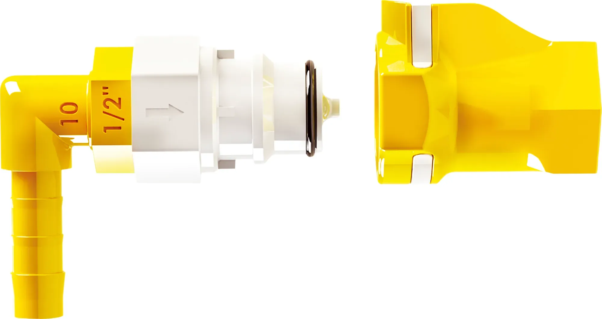 Lilie Push-and-Connect Ventiladapter Schnellkupplung Weissgelb inkl. Absperrfunktion gewinkelt 1/2 Zoll-Innengewinde x 10 mm