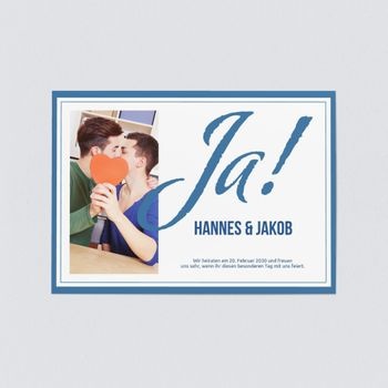 Einladungskarten Hochzeit gleichgeschlechtlich (5 Karten) selbst gestalten, Goßes Ja in Blau - Weiß