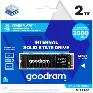 GoodRam - Laufwerk Extern - Px500 Gen.3 - Interne Festplatte - Hochgeschwindigkeits-PCIe-Gen. 3 x4-Schnittstelle - NVMe 1.4 Unterstützung - Speicherung von Mehrfachdaten - 2TB - 3500 MB/s - 2800 MB/s