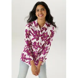 Hemdbluse ANISTON SELECTED, Damen, Gr. 40, rosa (pink, rosa, gelb, schwarz), Web, Obermaterial: 100% Viskose, geblümt, bedruckt, casual, figurumspielend hüftbedeckend, Langarm 2-Knopf-Manschette, Blusen Druckbluse, mit malerisch großen Blütendruck - NEUE KOLLEKTION