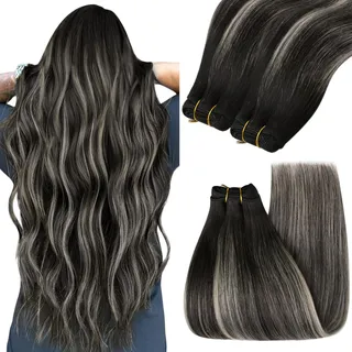 YoungSee Tressen Extensions Echthaar Silber Echthaar Tressen Schwarz Ombre Silber Haartressen Echthaar zum Einnahen 35cm Weave Extensions Echthaar Remy Echthaar Tressen Weft Tressen 100g #1B/S/1B