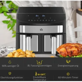 Homcom Heißluftfritteuse 8L Fritteuse mit Doppelkammer, Airfryer mit 10 Programmen, 2400 W Luftfritteuse mit Touchscreen, Rezeptur, ohne Öl, Schwarz - Schwarz