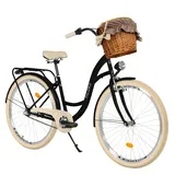 MILORD Damenfahrrad Citybike Komfort Mit Weidenkorb Hollandrad Vintage Fahrrad, 26, 28 Zoll, 3-Gang (Schwarz-Creme, 28 Zoll)