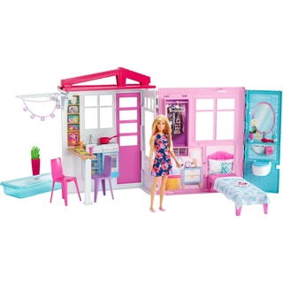 Barbie-Haus mit Küche, Schlafzimmer, Badezimmer, Pool, komplett eingerichtet Möbeln, verschließbar mit Aufbewahrungsgriff, Puppen, Geschenke für Kinder ab 3 Jahren, GWY84