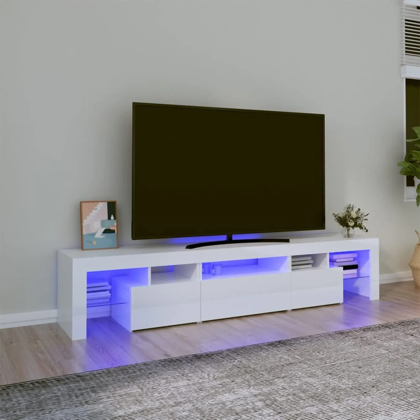 Festnight TV Lowboard mit LED TV Board Fernsehschrank TV Schrank Lowboard Fernsehschrank Fernsehtisch Sideboard für Wohnzimmer Schlafzimmer Möbel 200 x 36.5 x 40 cm Hochglanz-Weiß