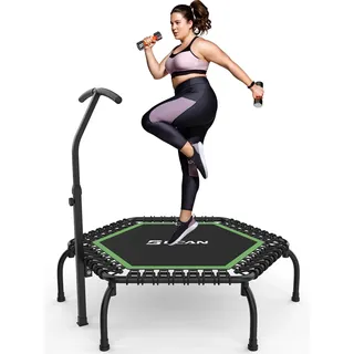 BCAN Fitness Trampolin Indoor Ø 122 cm, Trampolin Erwachsene bis 250 kg, Bodentrampolin mit verstellbarem T-Griff & 42 Gummiseilen, Leise & vibrationsarm