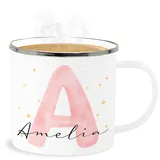 Emaille Becher Blechbecher - Tasse - Individuell gestaltbar mit Initialbuchstabe und Name | Geschenk mit Anfangsbuchstabe und Name frei wählbar - 300 ml - Weiß Silber - personalisierte buchstabe