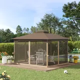 Outsunny Pavillon 3,65 x 3 m mit 4 x Moskitonetz Doppeldach Metall Braun