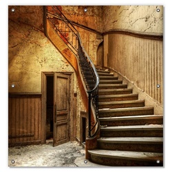 Sonnenschutz Rustikale Holztreppe, Wallario, blickdicht, mit Saugnäpfen, wiederablösbar und wiederverwendbar gelb 96 cm x 100 cm