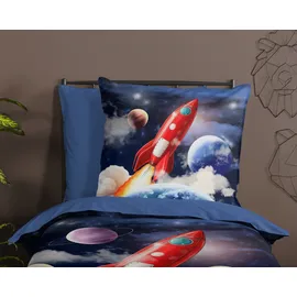 PURE luxury collection Rocket Weltraum Blau 135 x 200 cm + 2 x 80 x 80 cm