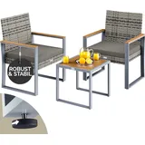 CASARIA Gartenmöbel Polyrattan Set Holz Akazie Wetterfest 2 Stühle Tisch Auflagen 160kg Belastbarkeit Verstellbar Terrasse Balkon Möbel Lounge Grau