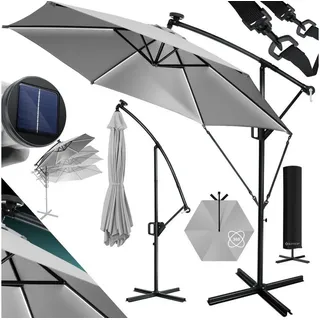 Kesser Alu Ampelschirm LED Solar Abdeckung mit Kurbelvorrichtung UV-Schutz Aluminium Wasserabweisend – Sonnen-Schirm Ø350cm / Hellgrau
