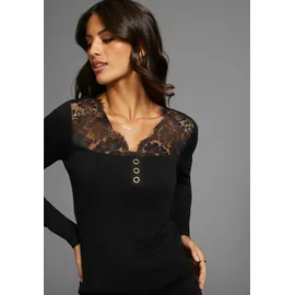 LAURA SCOTT LAURA SCOTT, Damen, Gr. 34, schwarz, Jersey, Obermaterial: 95% Viskose (LENZINGTM ECOVEROTM), 5% Elasthan. Spitze: 95% Polyamid, 5% Elasthan, unifarben, sehr figurbetont hüftlang, V-Ausschnitt, Shirts, mit hübschen Zierknöpfen