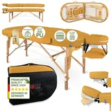 Zen Oval Massageliege klappbar, mobil - stabile Massagetisch, Kosmetikliege, Tattoo Liege aus Holz, Massagebank Behandlungsliege inkl. Tasche, Armlehne, Alu-Kopfstütze für Physiotherapie (Gelb)