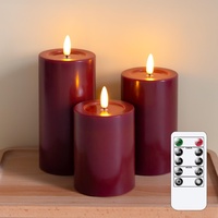 Yeelida Flammenlose LED-Kerzen mit Wachsöl-Effekt, flackernde Fernbedienung 3er Pack Burgunderrot Säule Batteriebetriebener Timer Elektrische Kerzen aus echtem Wachs (7.5x10,12.5,15cm)
