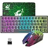 2.4GHz Tastatur Maus Gaming Set Kabellos Beleuchtet, 61 Tasten Regenbogen 3800mAh Wederaufladbare Mechanische Feel Tastatur, 2400 DPI Regenbogenlicht-LED 6 Tasten Maus, Kompatibel PC-Schwarz