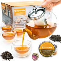 Kitchen Kite Teekannen-Set aus Glas mit 4 doppelwandigen Teetassen und herausnehmbarem Edelstahl-Teesieb – mikrowellen- und spülmaschinenfest – klare Teekanne mit blühenden und losen Teeblättern,
