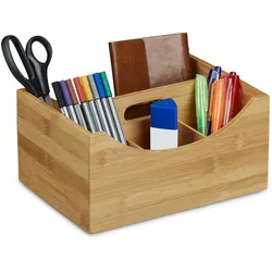 Relaxdays Schreibtischorganizer Bambus, Stifteköcher, 4 Fächer, Griff, natürliche Maserung, HxBxT: ca. 12 x 25 x 18 cm, natur