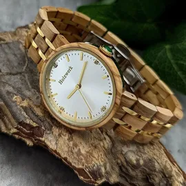 Holzwerk Germany Holzwerk LEBUS edle Strass Damen Holz Armband Uhr in beige braun, gold & silber