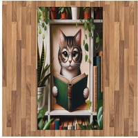 Teppich Flachgewebe Deko-Teppiche für das Wohn-,Schlaf-, und Essenszimmer, Abakuhaus, rechteckig, Katze Bücherwurm Kätzchen liest in botanischer Gemütlichkeit beige|grün 80 cm x 150 cm