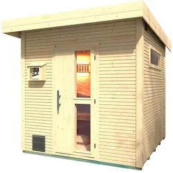 Weka Blockbohlen Saunahaus Kuopio - 45 mm Blockbohle naturbelassen Inkl. schmalem Fenster 9 kW finnischem Saunaofen OS mit Ofenschutz, Anschlusskabel, analoger Steuerung