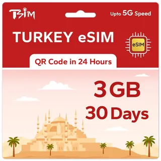 TSIM Prepaid Türkei eSIM für Reisen | 30 Tage 3GB 5G Geschwindigkeit | Hotspot erlaubt | eSIM QR-Code per E-Mail innerhalb von 24 Stunden nach Versand gesendet | QR-Code scannen und sofort verwenden |