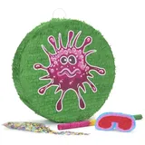 LUMALAND Pinata Set zum Befüllen inkl. Schläger & Augenbinde "Beat The Virus" - Individuell befüllbar - grün/rot - 50x50x15 cm