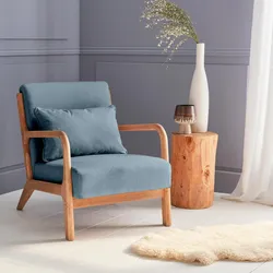 Design Sessel Holz und Stoff, Blau, gerader Sessel, skandinavische Zirkelbeine - Lorens