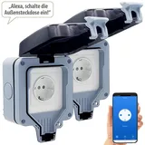 Luminea Home Control Outdoor-WLAN-Aufputzsteckdose, Sprachsteuerung, Verbrauchsmesser, App