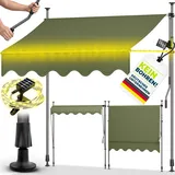 tillvex Klemmmarkise mit Handkurbel & LED Lichterkette Balkon | Balkonmarkise ohne Bohren | Markise UV-beständig & höhenverstellbar | Sonnenschutz Terrasse & Garten wasserdicht (Armeegrün, 350cm)