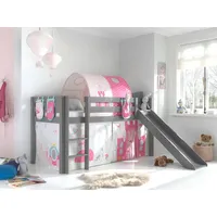Vipack Hochbett Pino, Spielbett massiv Kiefer, stabil gebaut, 3 Korpusfarben zur Wahl (inkl. Rolllattenrost, Leiter und Absturzschutz, mit oder ohne Rutsche) Textil-Set "Princess", inkl. Vorhang, mit oder ohne Tunnel grau 218 cm x 210 cm x 214 cm