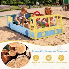 Fantask Holzsandkasten Feuerwehrauto mit Lenkrad und Sitzbank Blau/Gelb