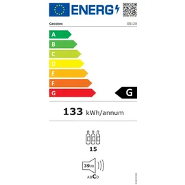 Cecotec Bolero Grandsommelier 1550 Black Compressor, 15 Flaschen, Leise, Hohe Leistung, Temperaturregelung 5-18 oC, Touch-Steuerung, LED Innenbeleuchtung, Geräuschpegel von nur 39 dB