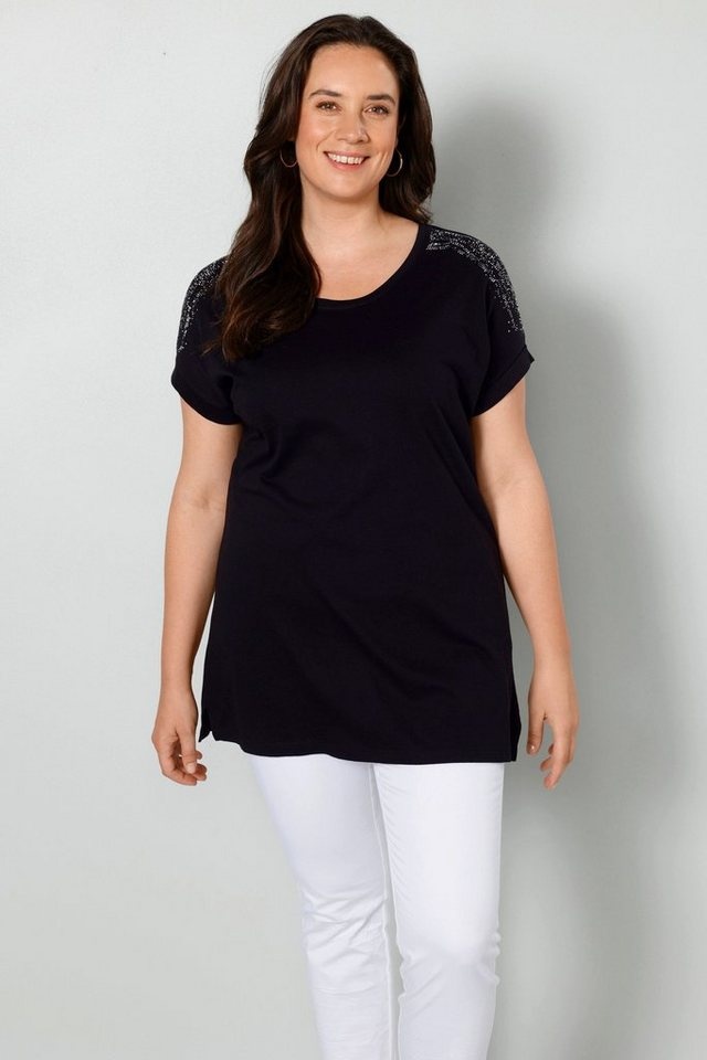 MIAMODA Rundhalsshirt T-Shirt oversized Schulter-Ziersteinchen schwarz